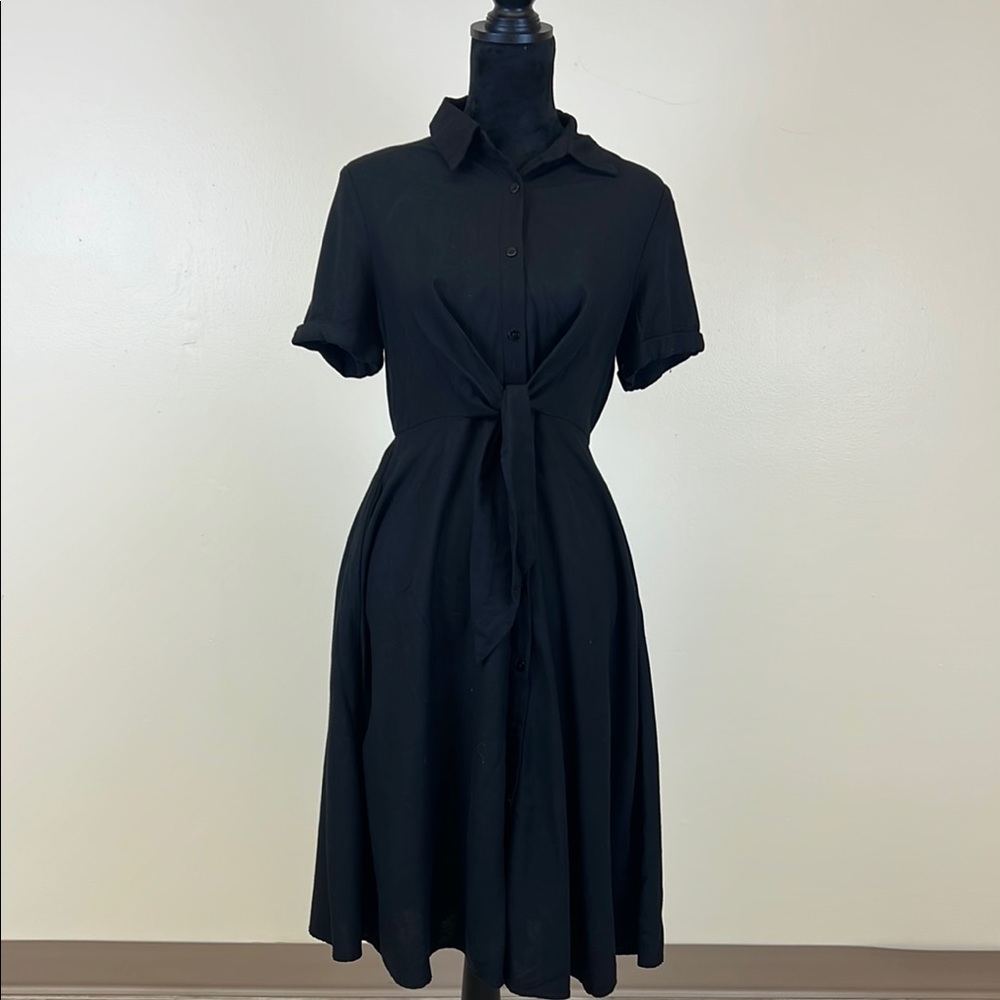 Grace Karin Black Midi Shirt Dress with Tie Waist